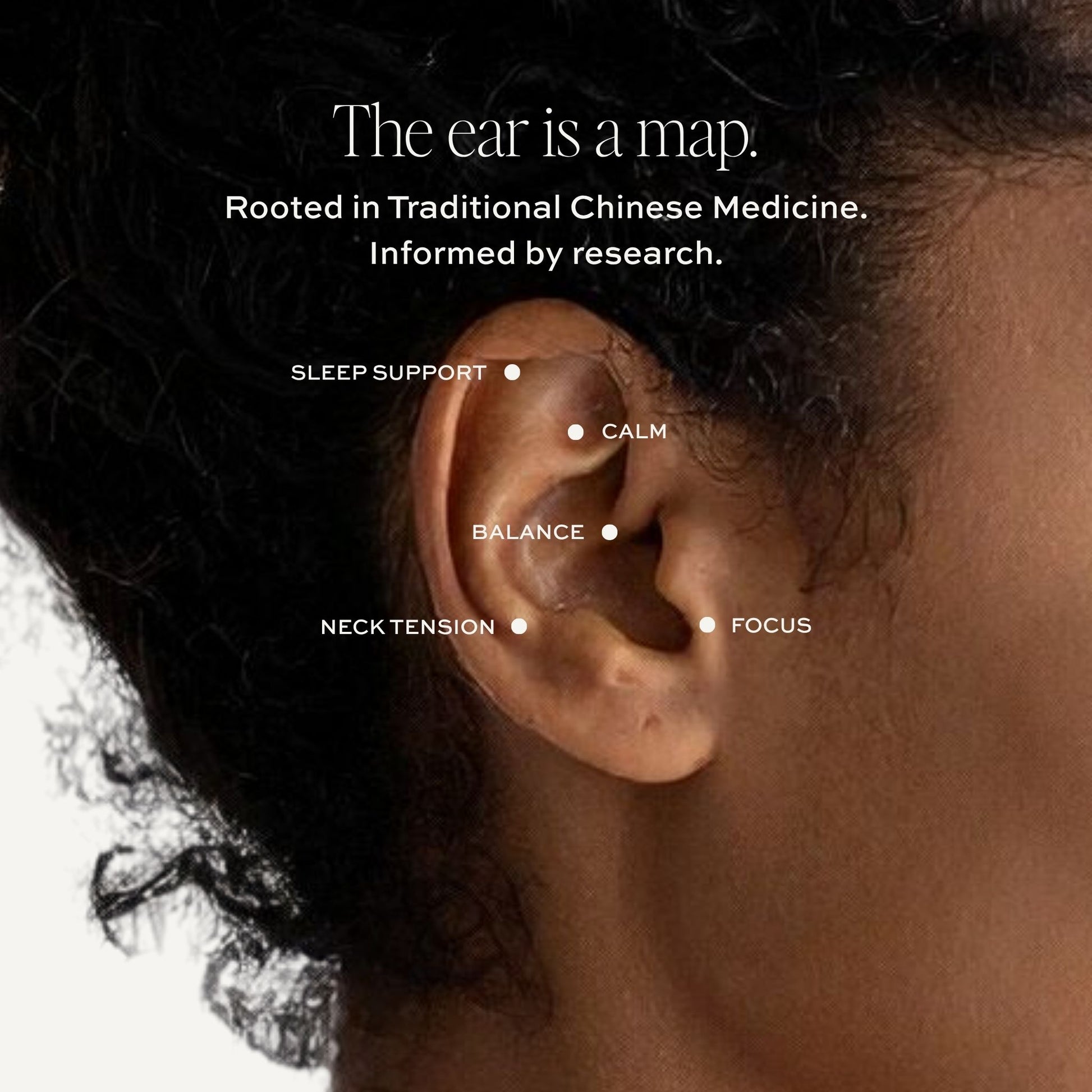 Image showing a woman's ear and auricular points for sleep, calm, balance, tension and focus.